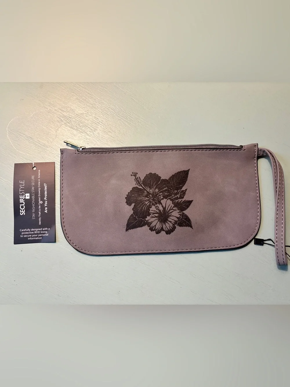 K. Carroll Wristlet SecureStyle RFID Protected w/Leather Burned Design NWT